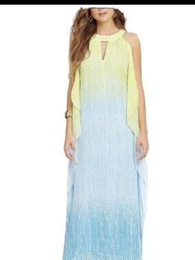 NWT Badgley Mischka Belle Ombre Halter Maxi Dress Blue Multi Cape Overlay Size 6